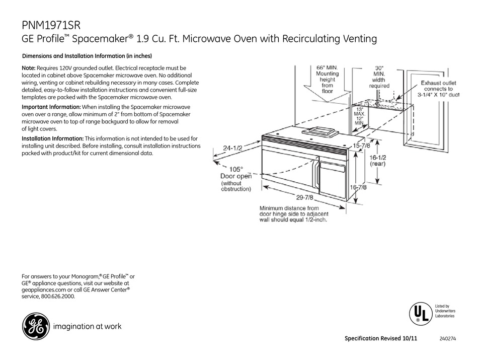 GE PROFILE SPACEMAKER PNM1971SRSS MICROWAVE OVEN DIMENSIONS AND