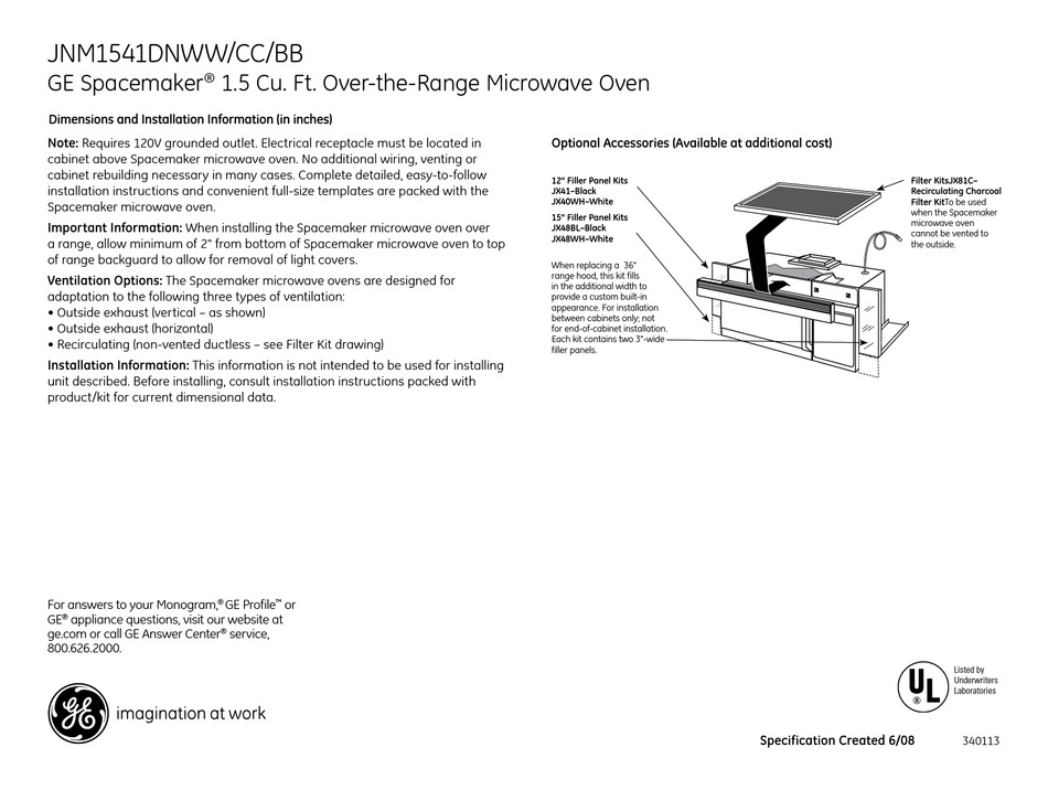 GE SPACEMAKER JNM1541DN MICROWAVE OVEN DIMENSIONS AND INSTALLATION