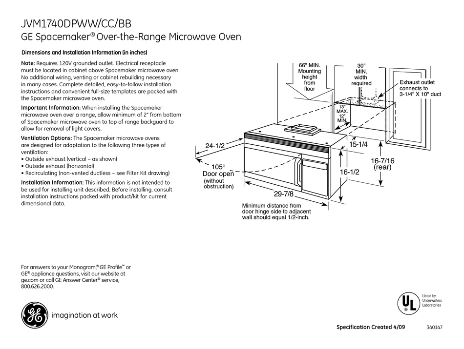 GE SPACEMAKER JVM1740DP MICROWAVE OVEN DIMENSIONS AND INSTALLATION