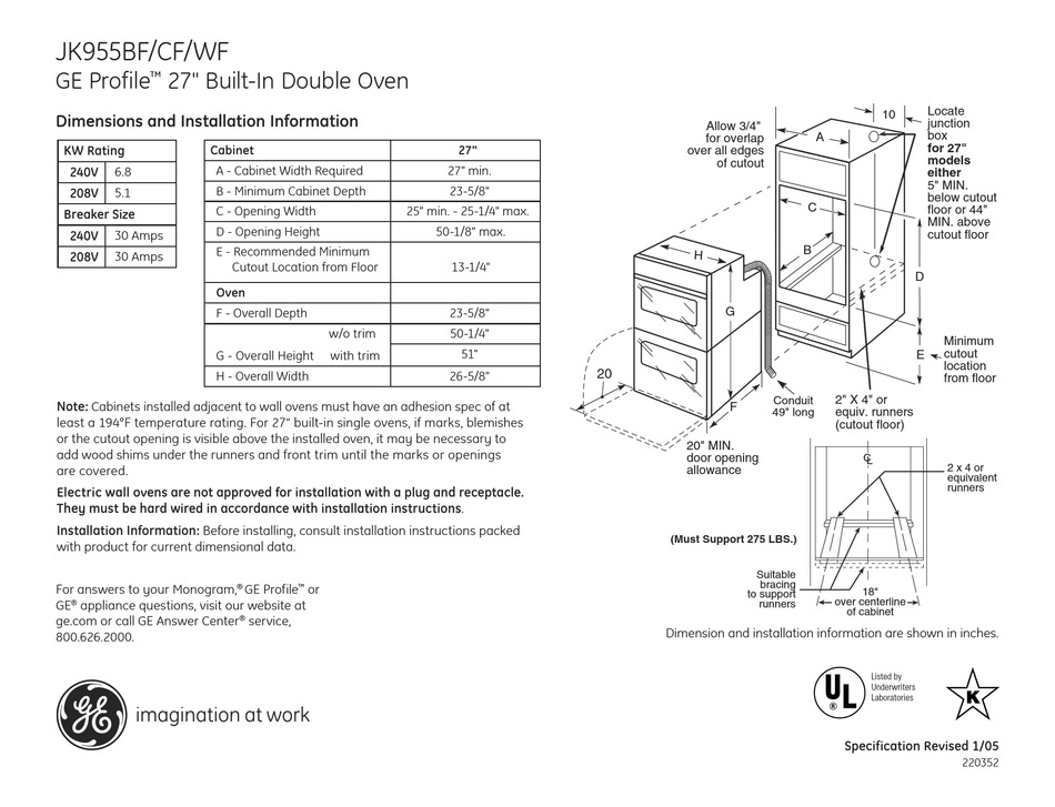 GE JK955 OVEN DIMENSIONS AND INSTALLATION INFORMATION | ManualsLib