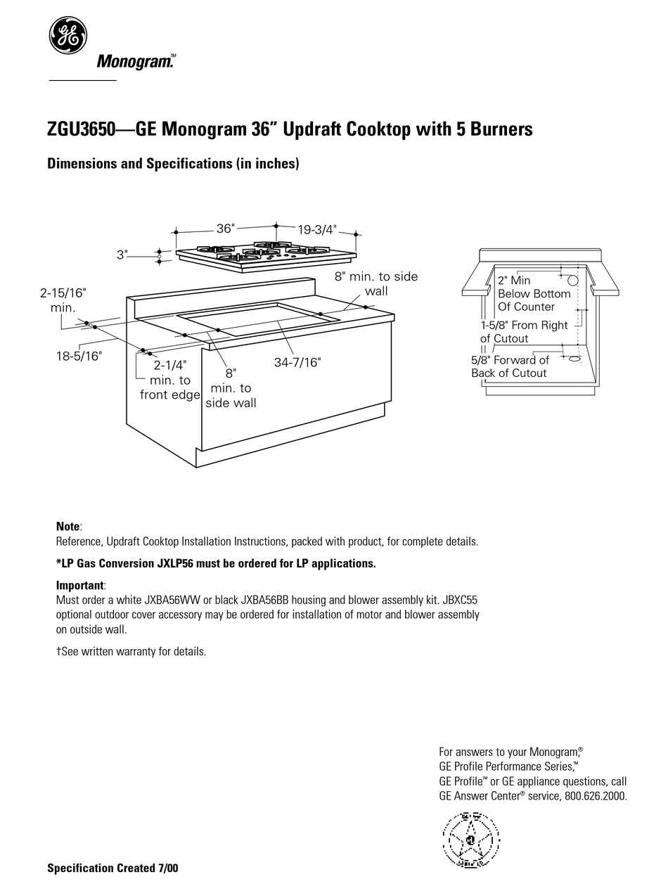 GE MONOGRAM ZGU3650 COOKTOP DIMENSIONS AND SPECIFICATIONS ManualsLib
