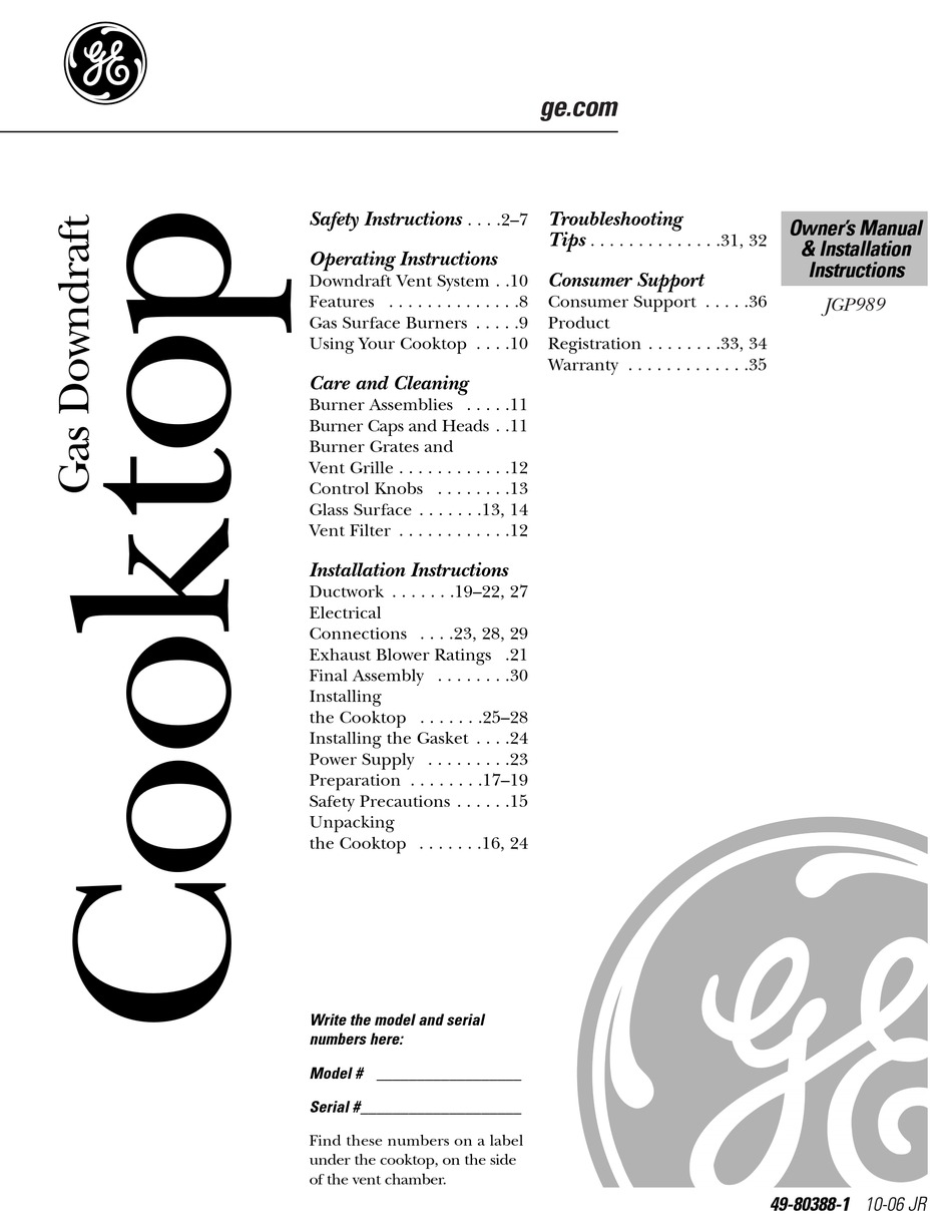 GE PROFILE JGP989 COOKTOP USER MANUAL ManualsLib