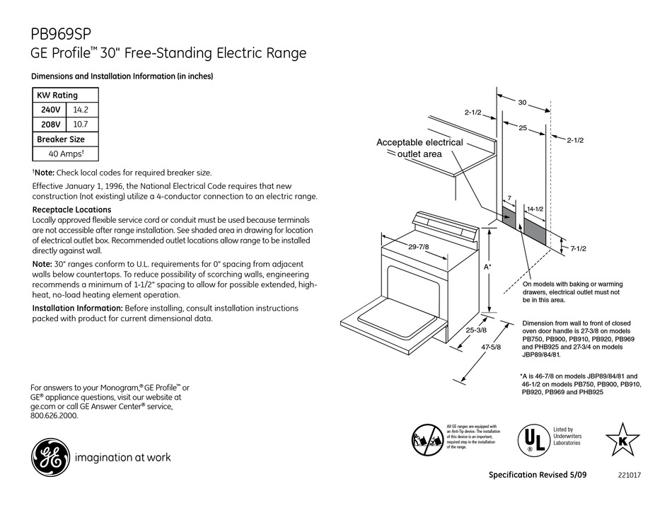 GE PROFILE PB969SPSS DIMENSIONS AND INSTALLATION INFORMATION Pdf