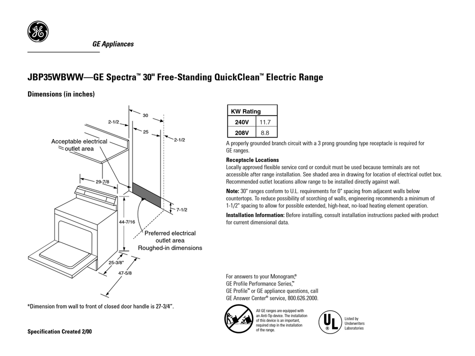 GE SPECTRA JBP35ED SPECIFICATION MANUAL Pdf Download ManualsLib