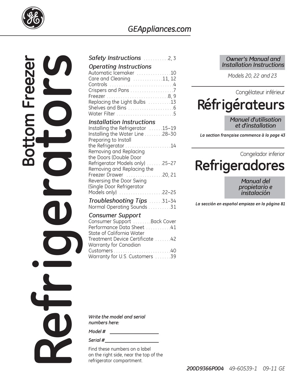 GE GBSC0HBX REFRIGERATOR OWNER