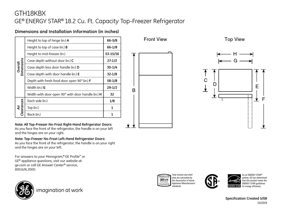GE GTH18KBX REFRIGERATOR DIMENSIONS AND INSTALLATION INFORMATION
