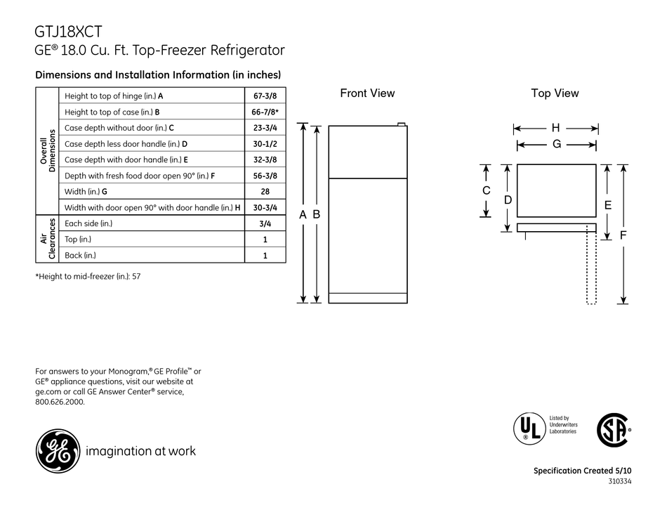 GE GTJ18XCTSA REFRIGERATOR DIMENSIONS AND INSTALLATION INFORMATION ManualsLib