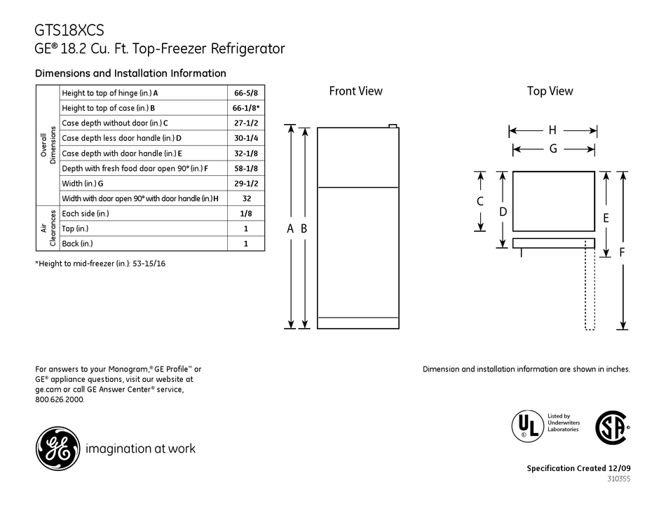 GE GTS18XCS REFRIGERATOR DIMENSIONS AND INSTALLATION INFORMATION