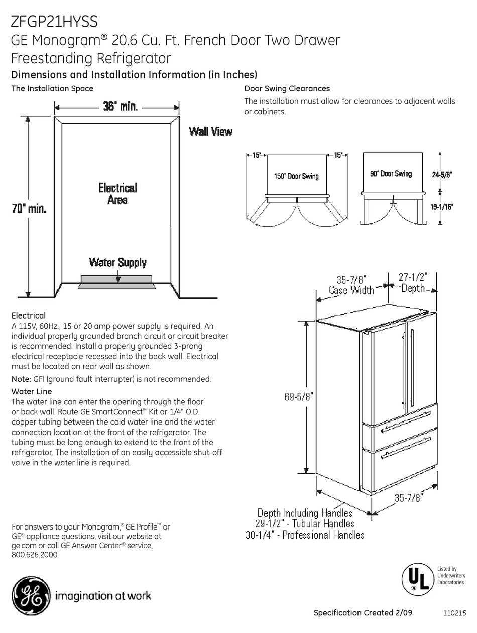 MONOGRAM ZFGP21HYSS REFRIGERATOR DIMENSIONS AND INSTALLATION