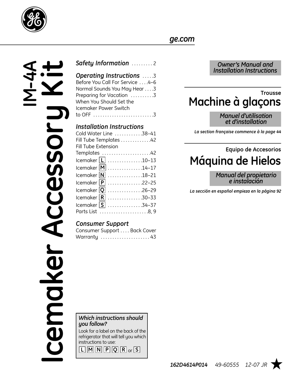 GE IM4A ICE MAKER OWNER'S MANUAL AND INSTALLATION INSTRUCTIONS