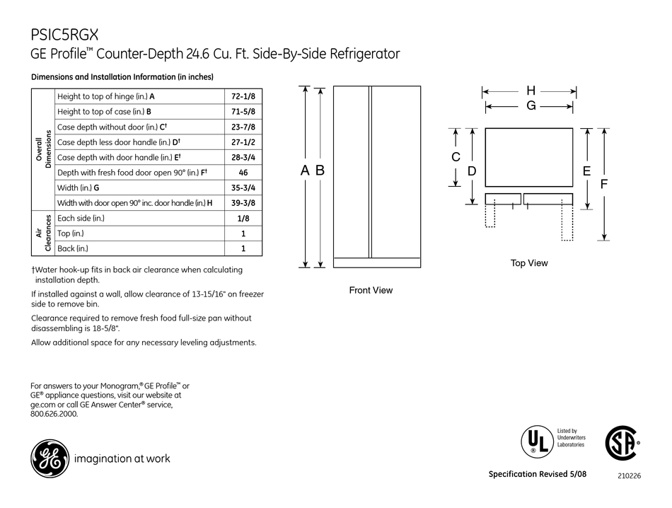 GE PROFILE PSIC5RGX REFRIGERATOR DIMENSIONS AND INSTALLATION