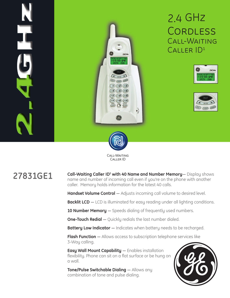 GE 27831GE1 CORDLESS TELEPHONE SPECIFICATIONS ManualsLib