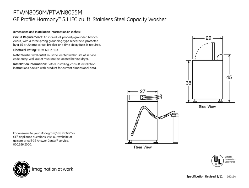 GE PROFILE HARMONY PTWN8050M WASHER DIMENSIONS AND INSTALLATION