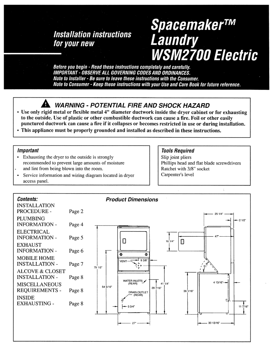 GE SPACEMAKER WSM2700D INSTALLATION INSTRUCTIONS MANUAL Pdf Download