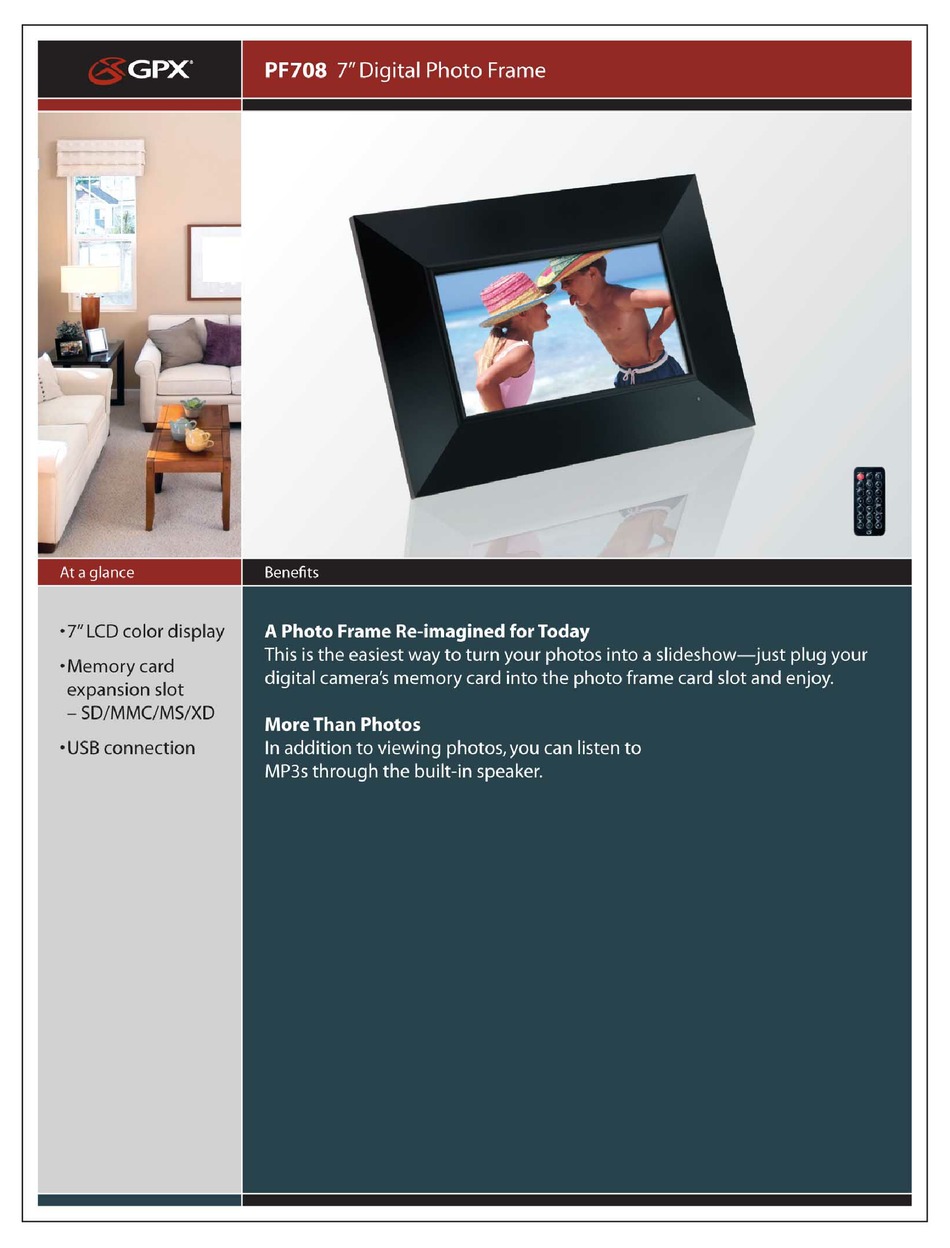 GPX PF708 DIGITAL PHOTO FRAME SPECIFICATION SHEET ManualsLib