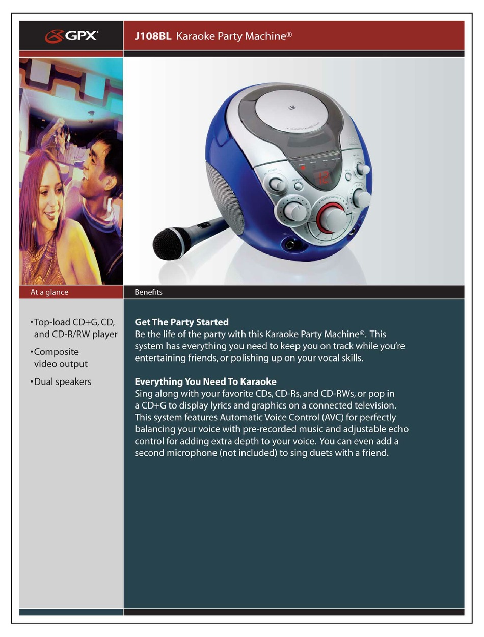 GPX KARAOKE PARTY MACHINE J108BL SPECIFICATION SHEET Pdf Download