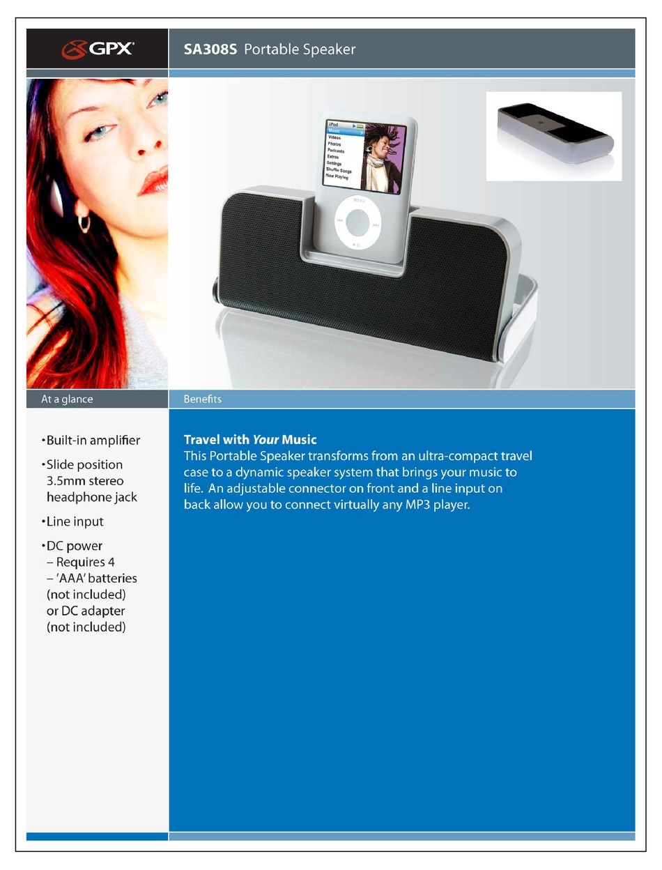 GPX SA308S PORTABLE SPEAKER SPECIFICATION SHEET ManualsLib