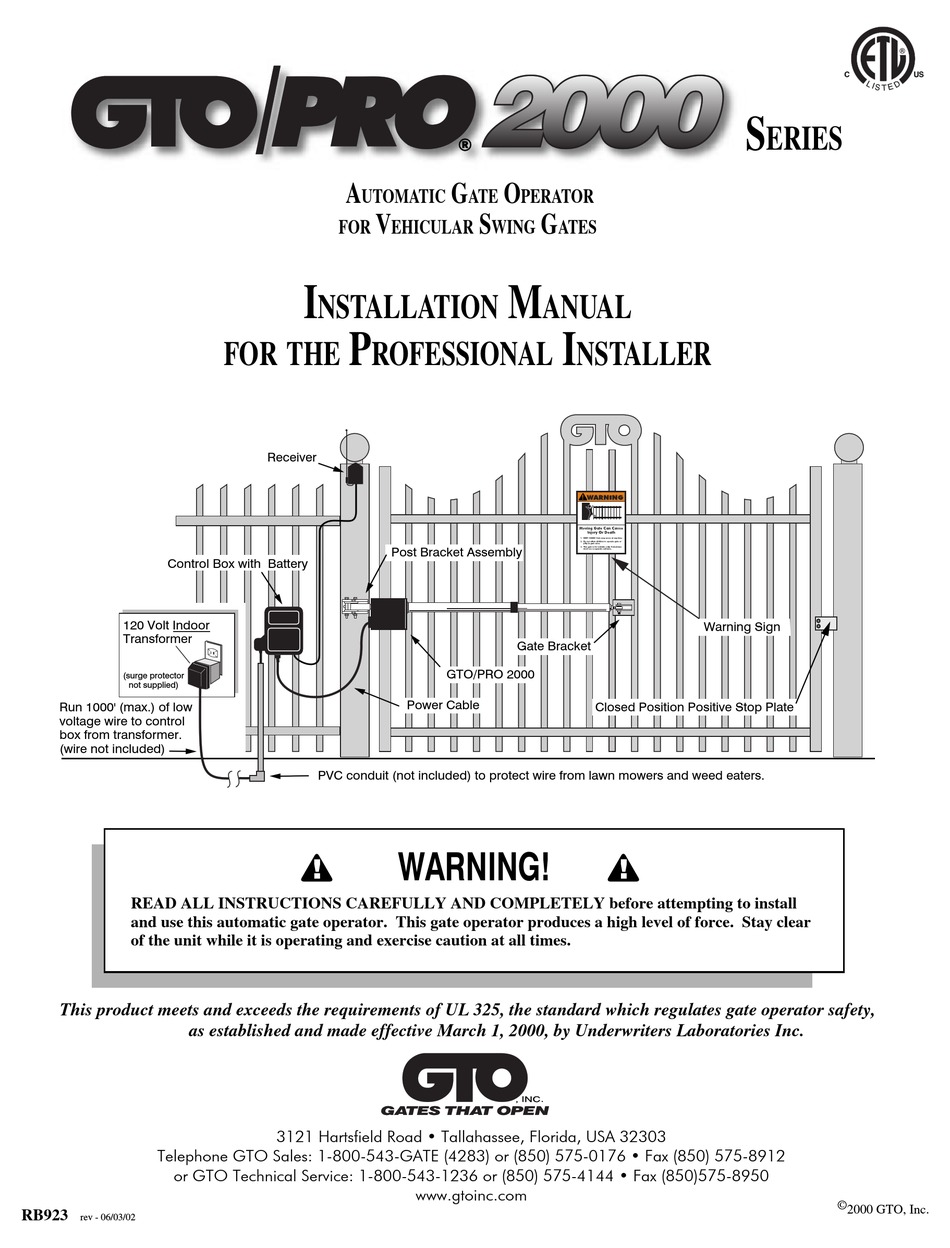 Gto Sw 2000 Gate Opener Installation Manual Manualslib 3521