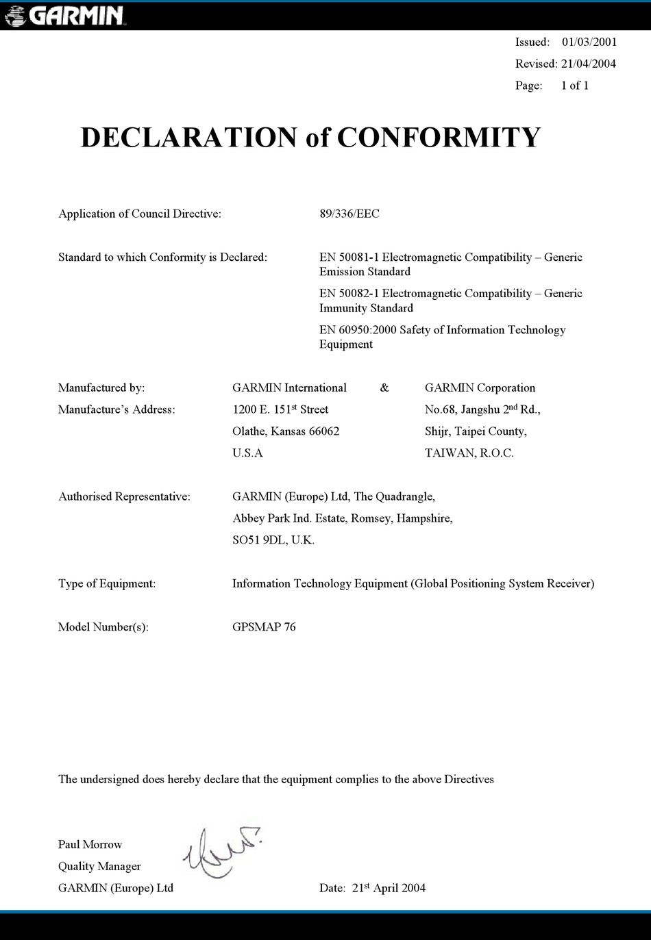 GARMIN GPSMAP 76 GPS DECLARATION OF CONFORMITY ManualsLib