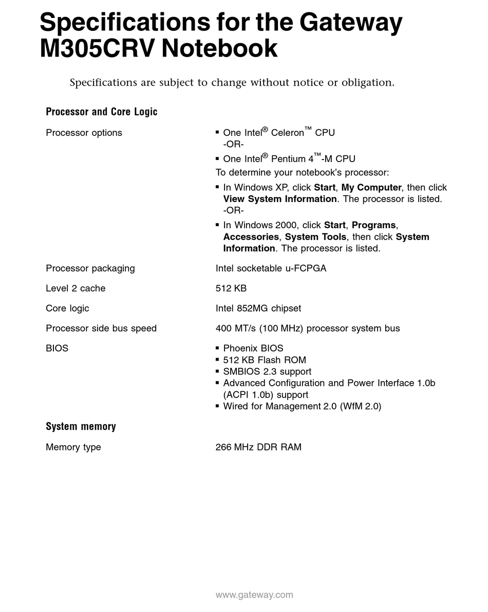 Gateway M305 Specifications Pdf Download Manualslib