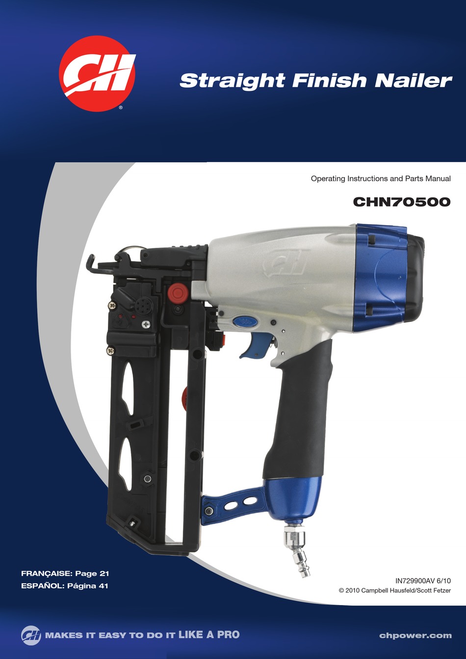 CAMPBELL HAUSFELD CHN70500 NAIL GUN OPERATING INSTRUCTIONS AND PARTS