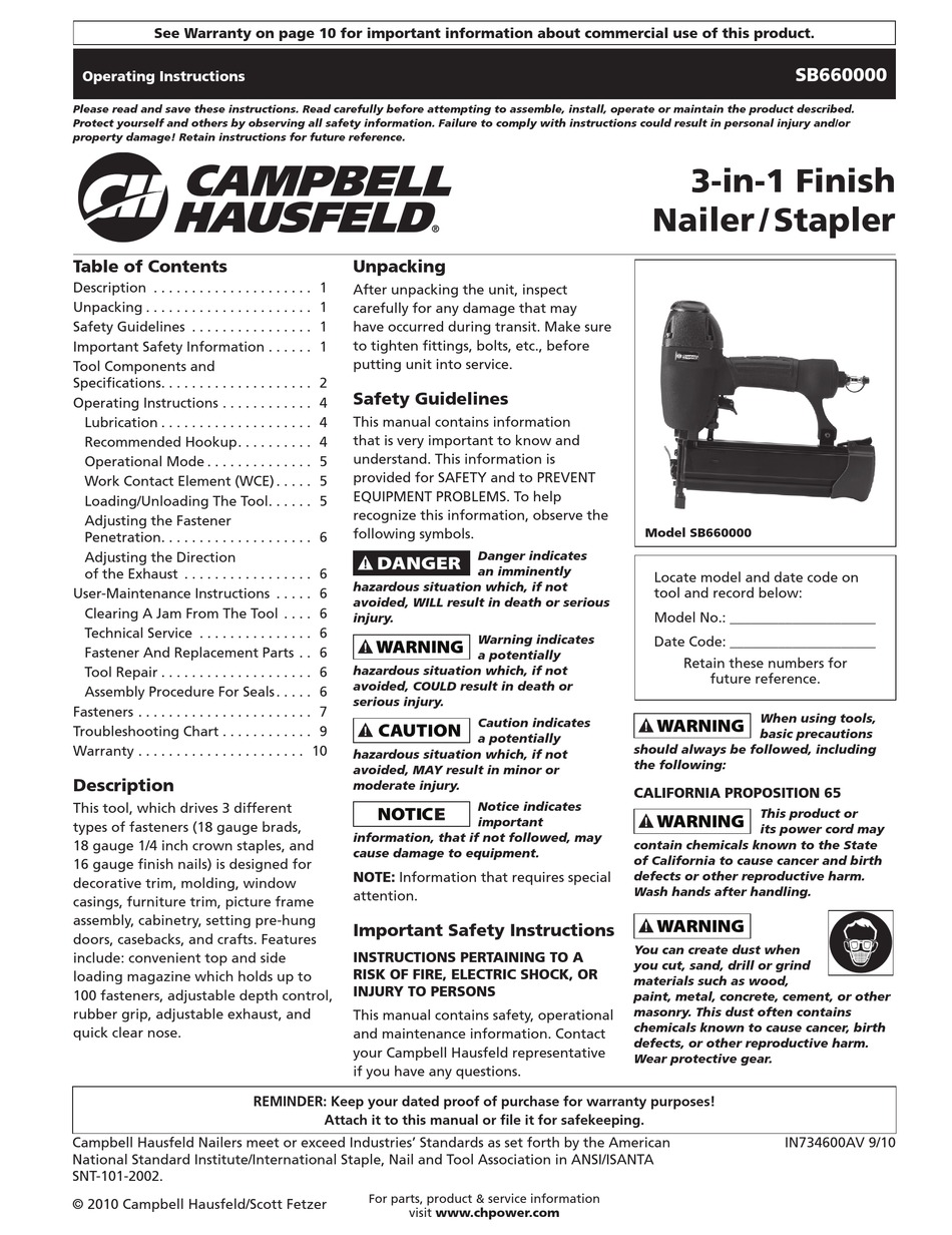 CAMPBELL HAUSFELD IN734600AV NAIL GUN OPERATING INSTRUCTIONS MANUAL