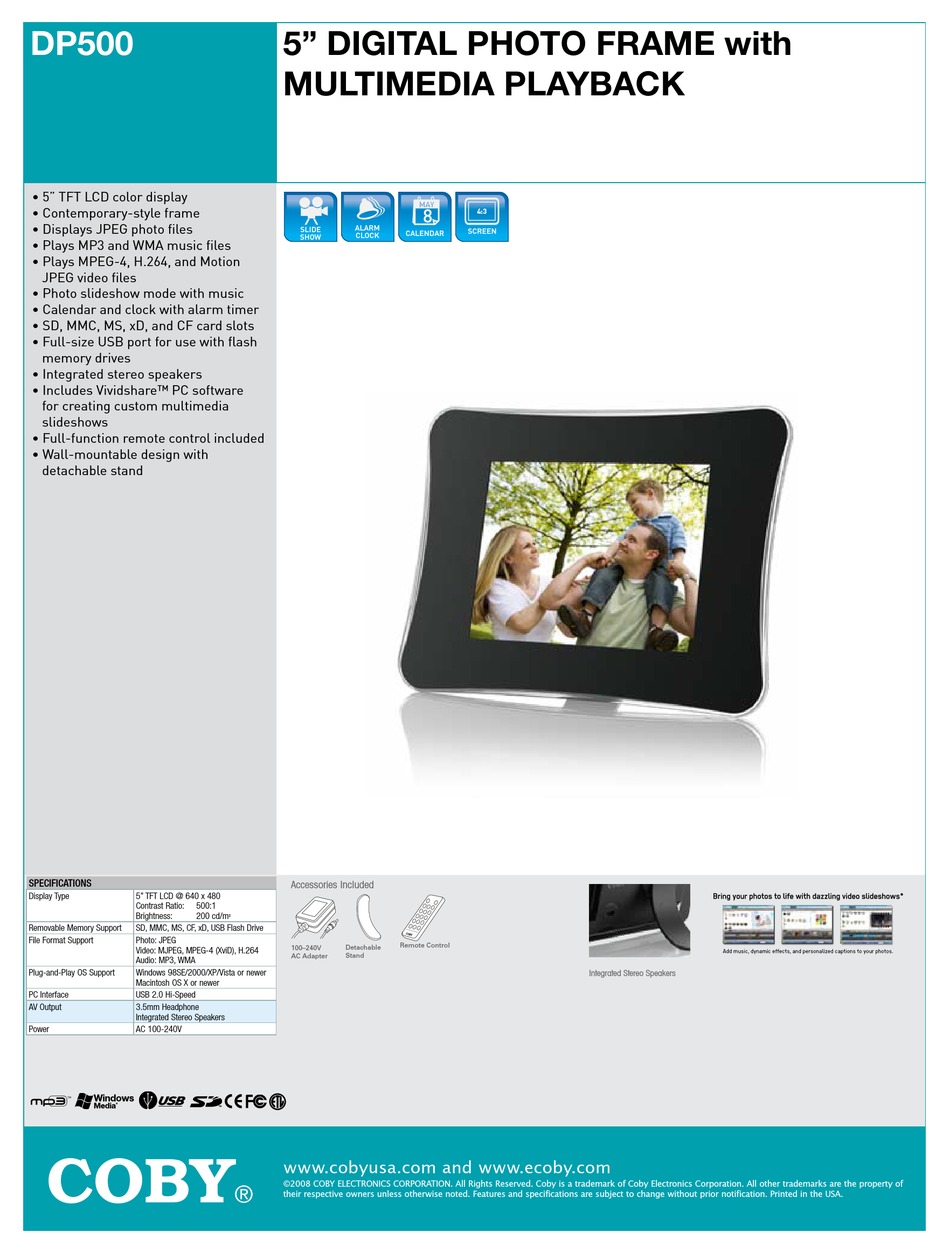 COBY DP500 DIGITAL PHOTO FRAME SPECIFICATIONS ManualsLib