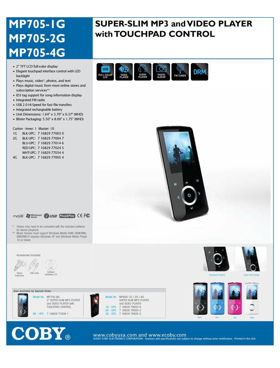 2g Support Xxx Video - COBY MP705-1G MP3 PLAYER SPECIFICATIONS | ManualsLib