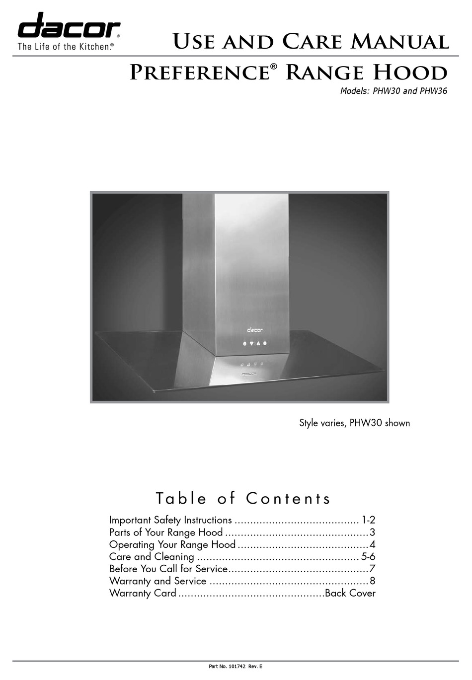 DACOR PREFERENCE PHW30 VENTILATION HOOD USE AND CARE MANUAL ManualsLib