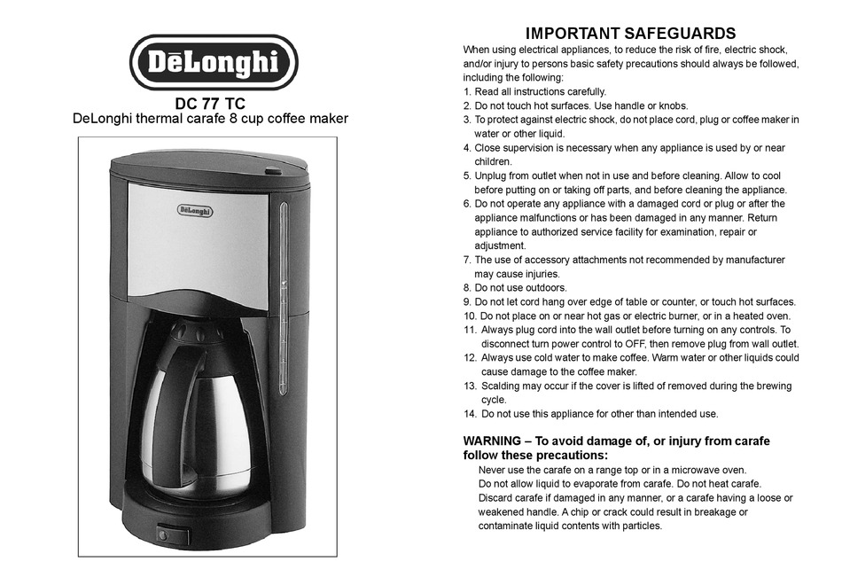 DELONGHI DC 77 TC COFFEE MAKER OWNER S MANUAL ManualsLib