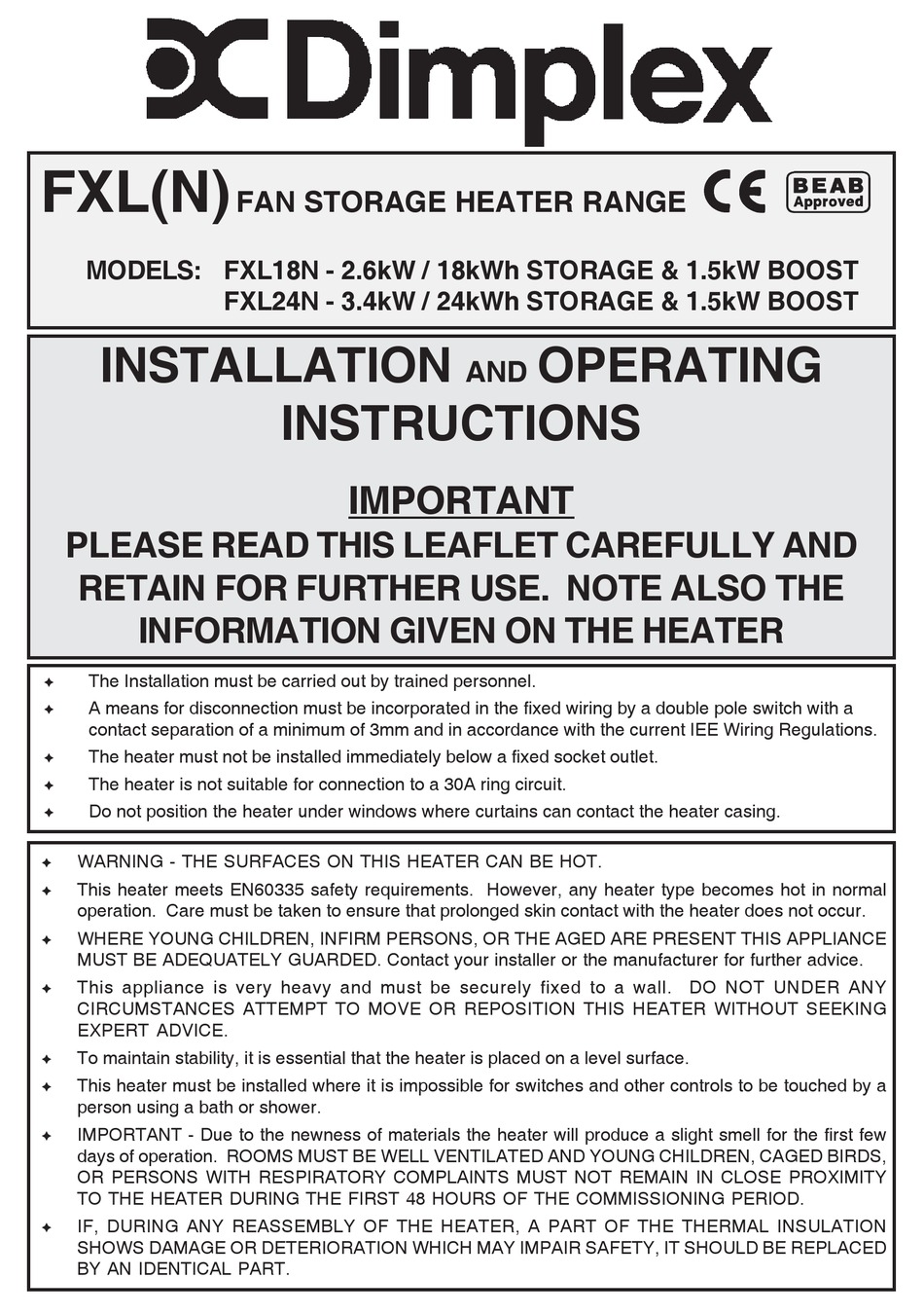 DIMPLEX FXL18N HEATER INSTALLATION AND OPERATING INSTRUCTIONS ManualsLib
