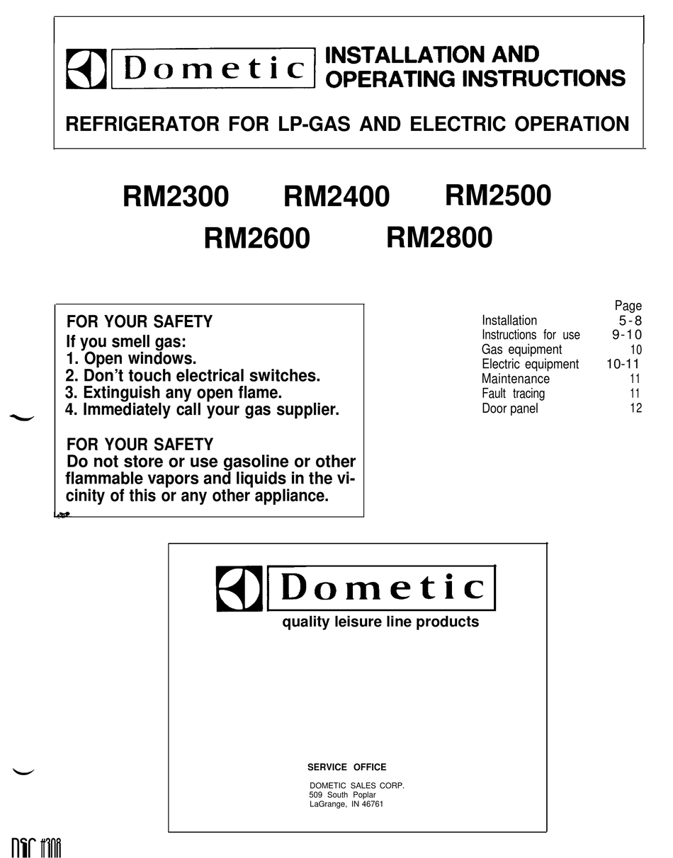 DOMETIC RM2300 INSTALLATION AND OPERATING INSTRUCTIONS MANUAL Pdf