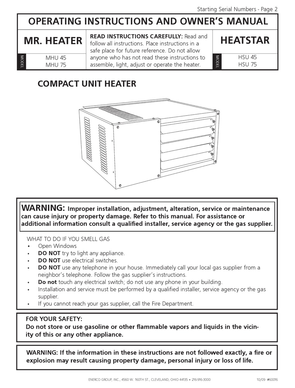 ENERCO HEATSTAR HSU 45 HEATER OPERATION AND OWNER'S MANUAL ManualsLib