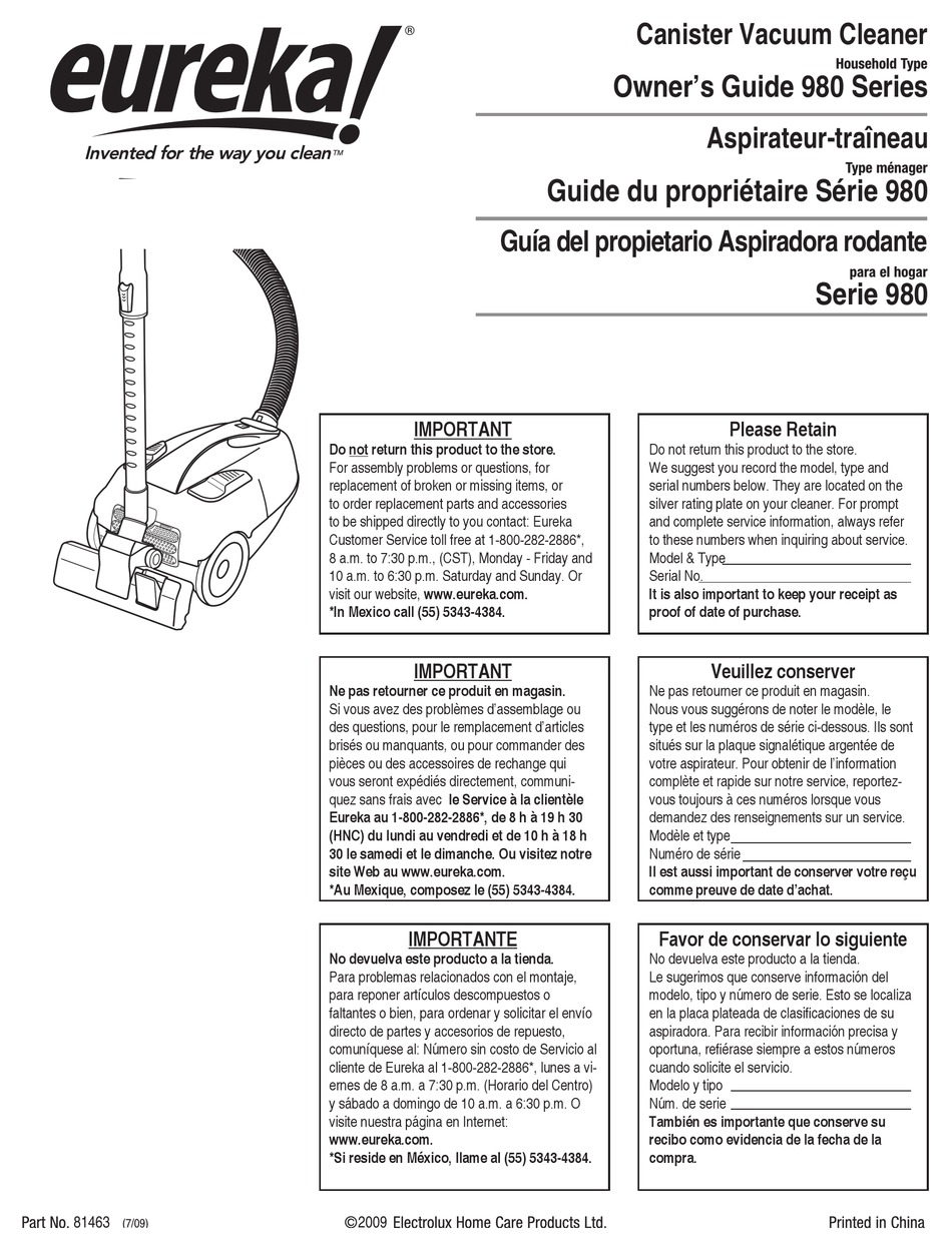 eureka Canister Aspirapolvere, Manuale del Proprietario Domestico