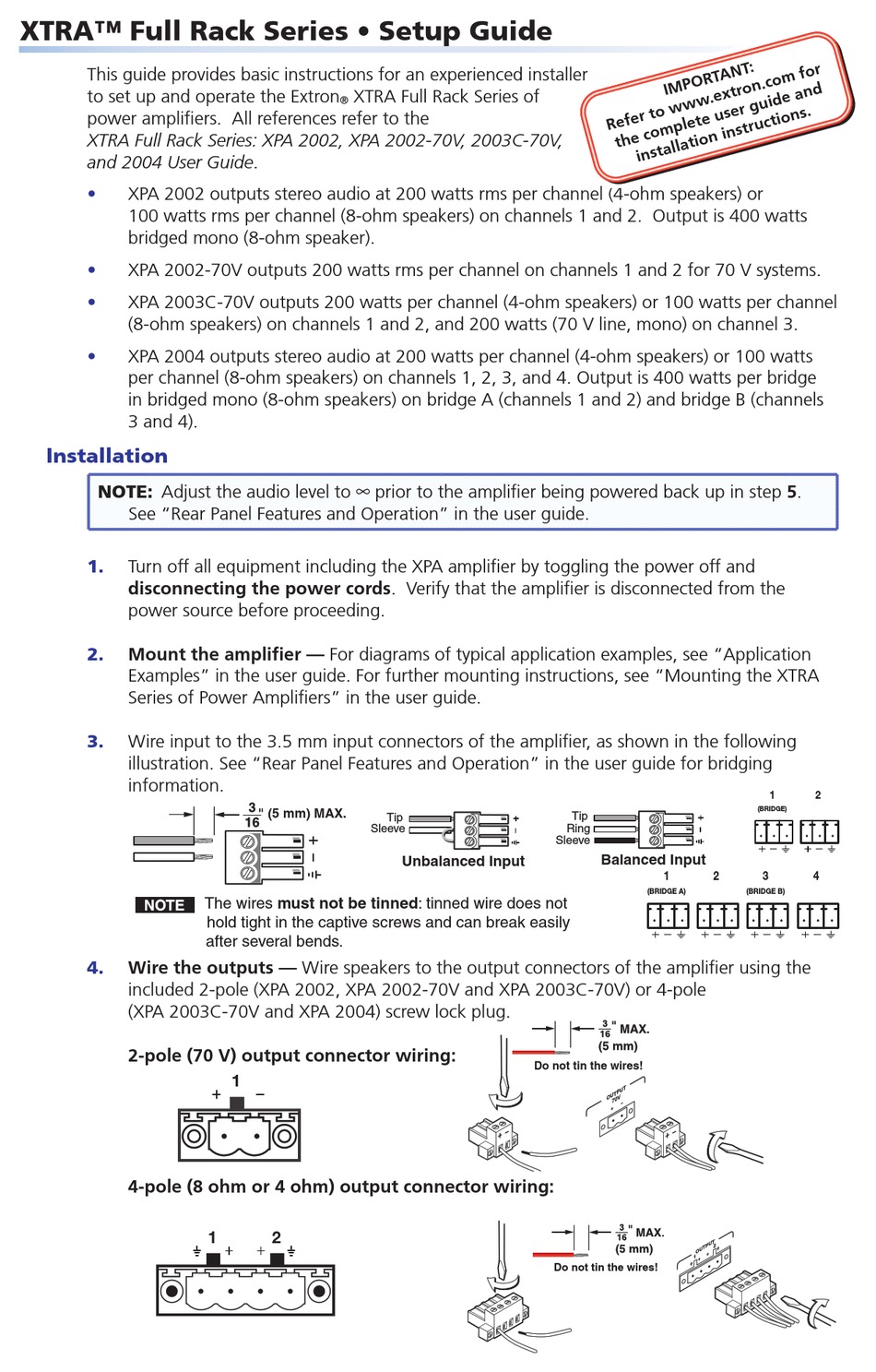 EXTRON ELECTRONICS XTRA FULL RACK XPA 2002 AMPLIFIER SETUP MANUAL