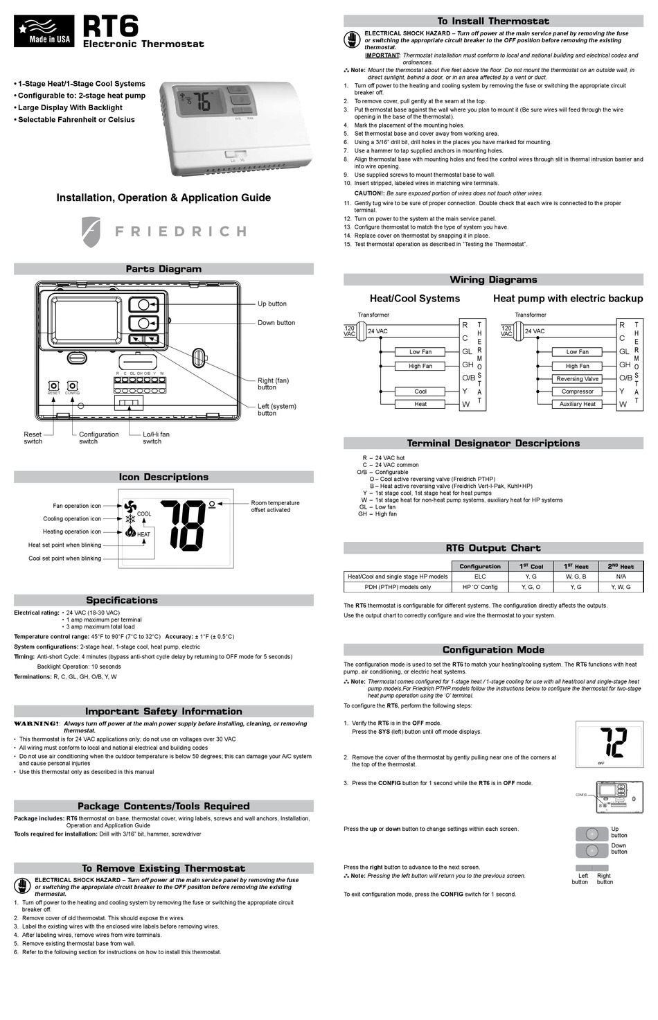 FRIEDRICH RT6 THERMOSTAT INSTALLATION, OPERATION & APPLICATION MANUAL ...