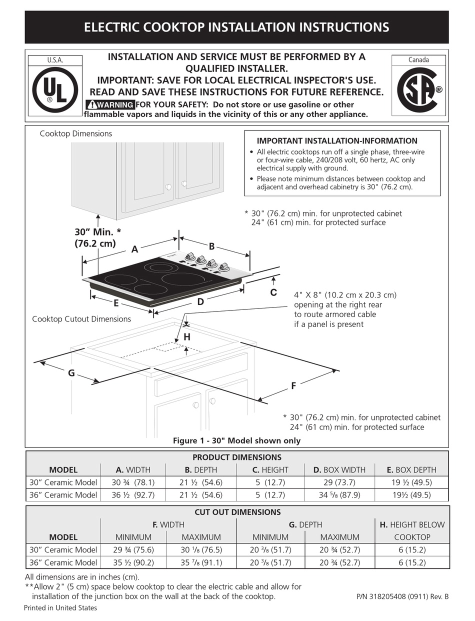 FRIGIDAIRE 318205408(0901) COOKTOP INSTALLATION INSTRUCTIONS MANUAL