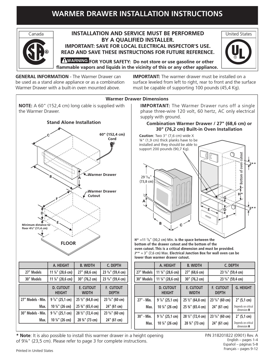 FRIGIDAIRE 318201822 WARMING DRAWER INSTALLATION INSTRUCTIONS MANUAL ...