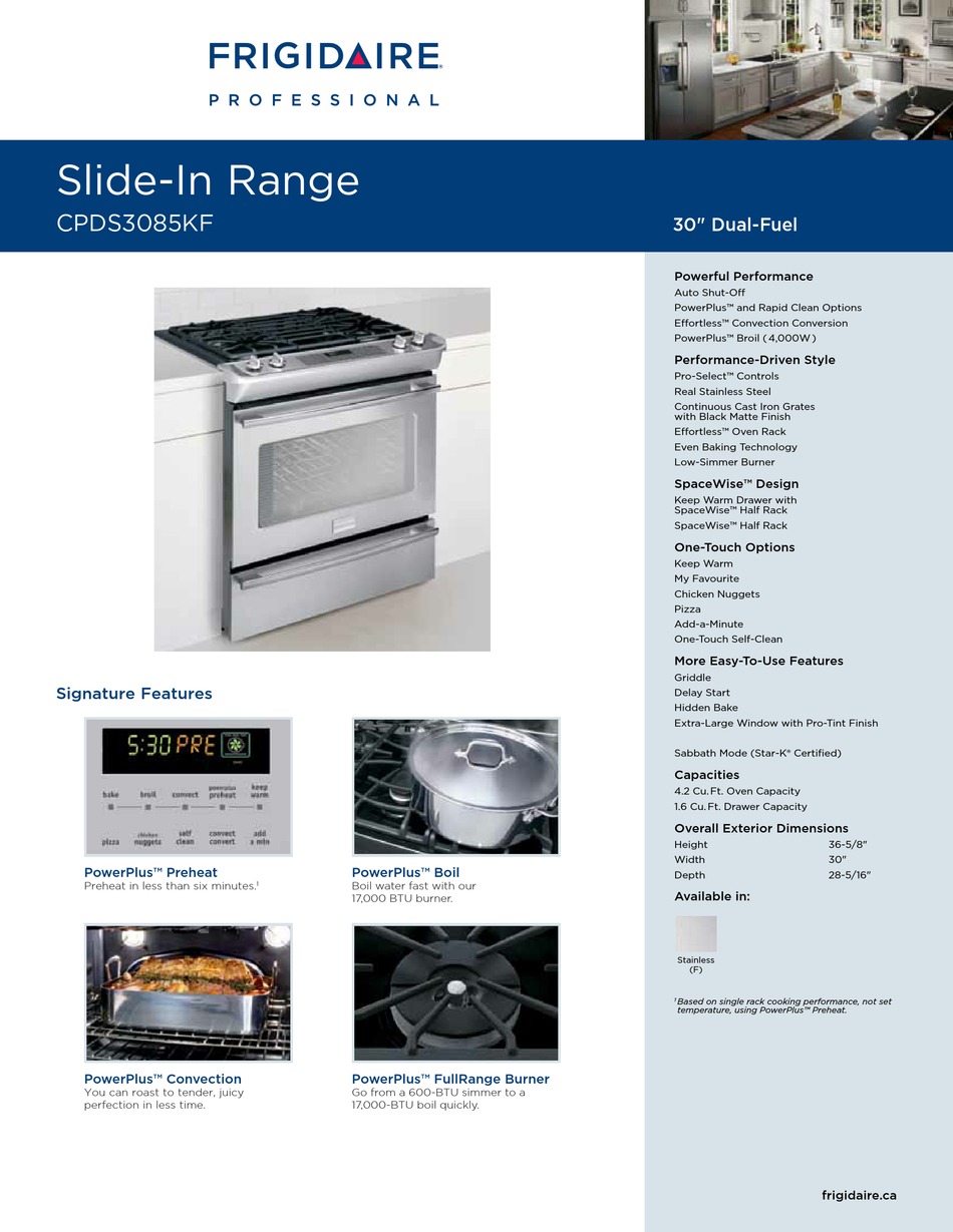 FRIGIDAIRE 30" DUALFUEL CPDS3085KF SPECIFICATIONS Pdf Download
