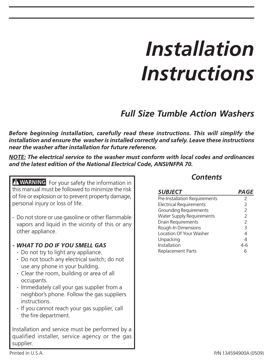 FRIGIDAIRE FULL SIZE TUMBLE ACTION WASHERS WASHER INSTALLATION