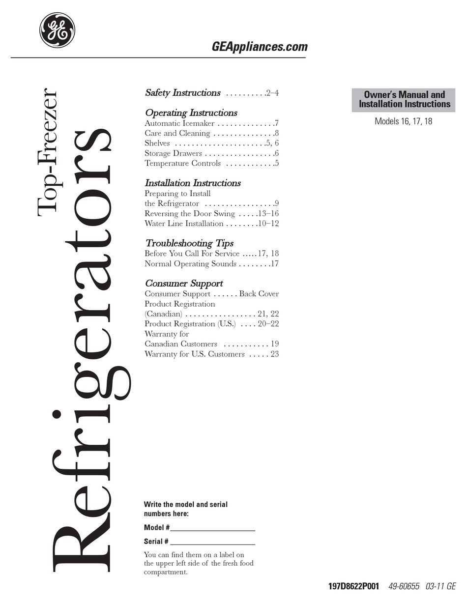 Ge Top Freezer 16 Owner S Manual And Installation Instructions Pdf Download Manualslib
