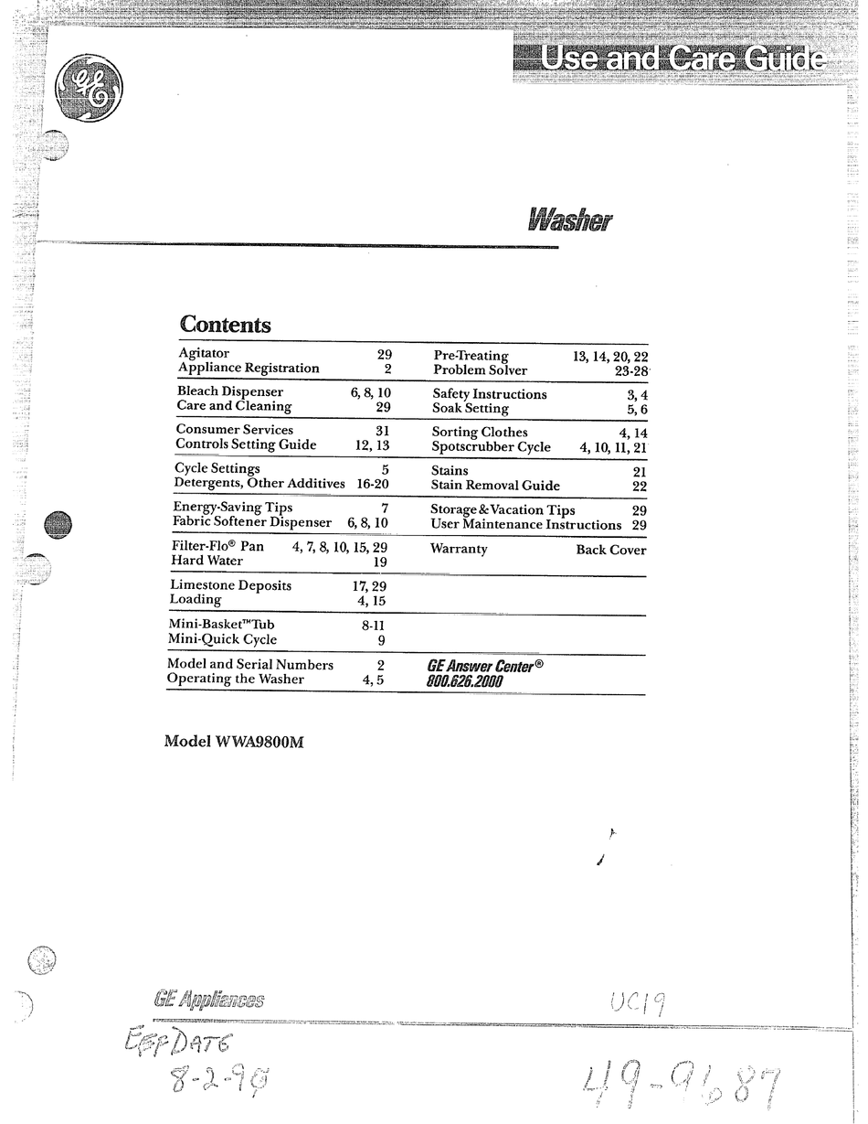 GE MONOGRAM WWA9800M WASHER USE AND CARE MANUAL ManualsLib