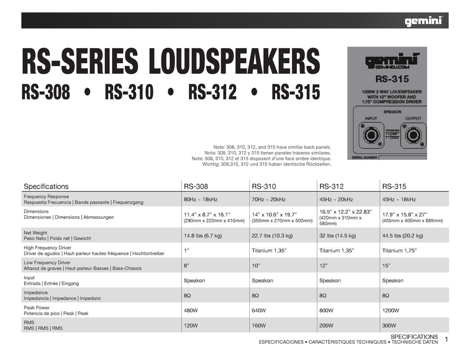 Gemini Rs Series Loudspeakers Rs 308 User Manual Pdf Download Manualslib