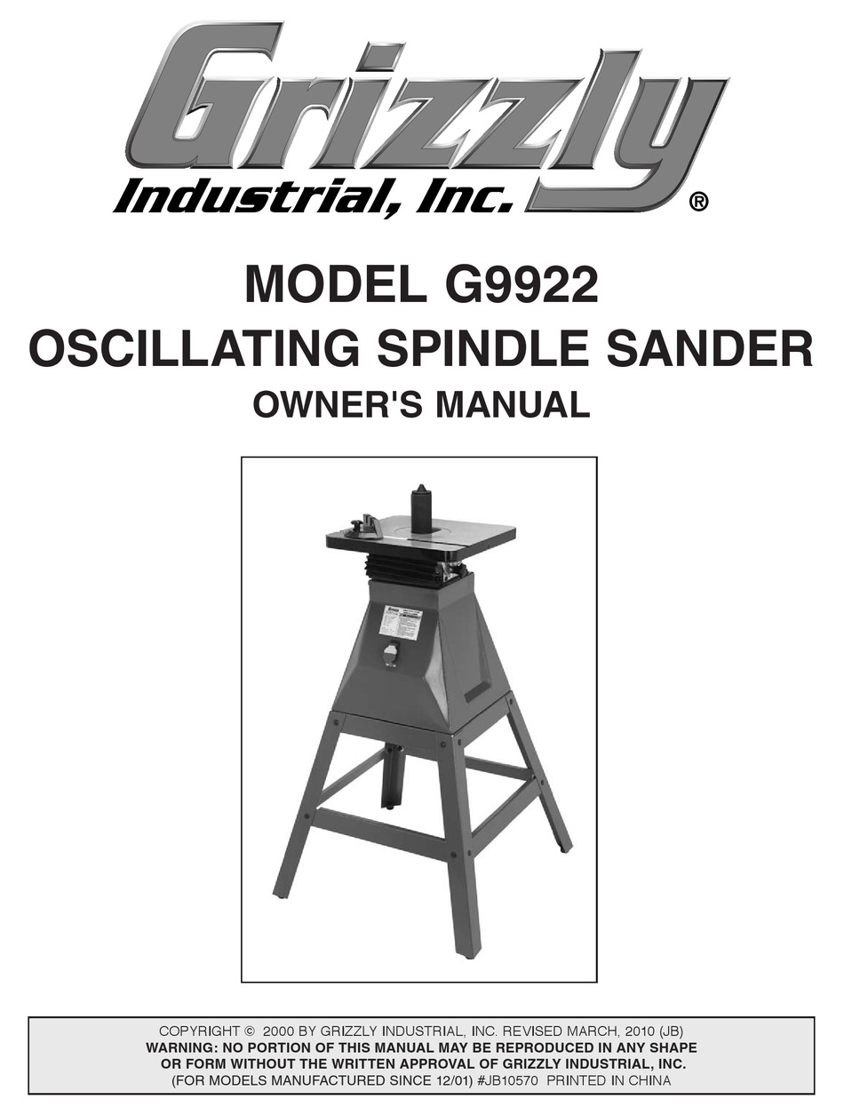 GRIZZLY G9922 SANDER OWNER'S MANUAL ManualsLib