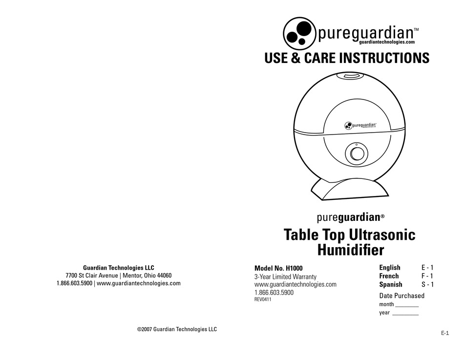 GUARDIAN PUREGUARDIAN H1000 USE AND CARE INSTRUCTIONS Pdf Download