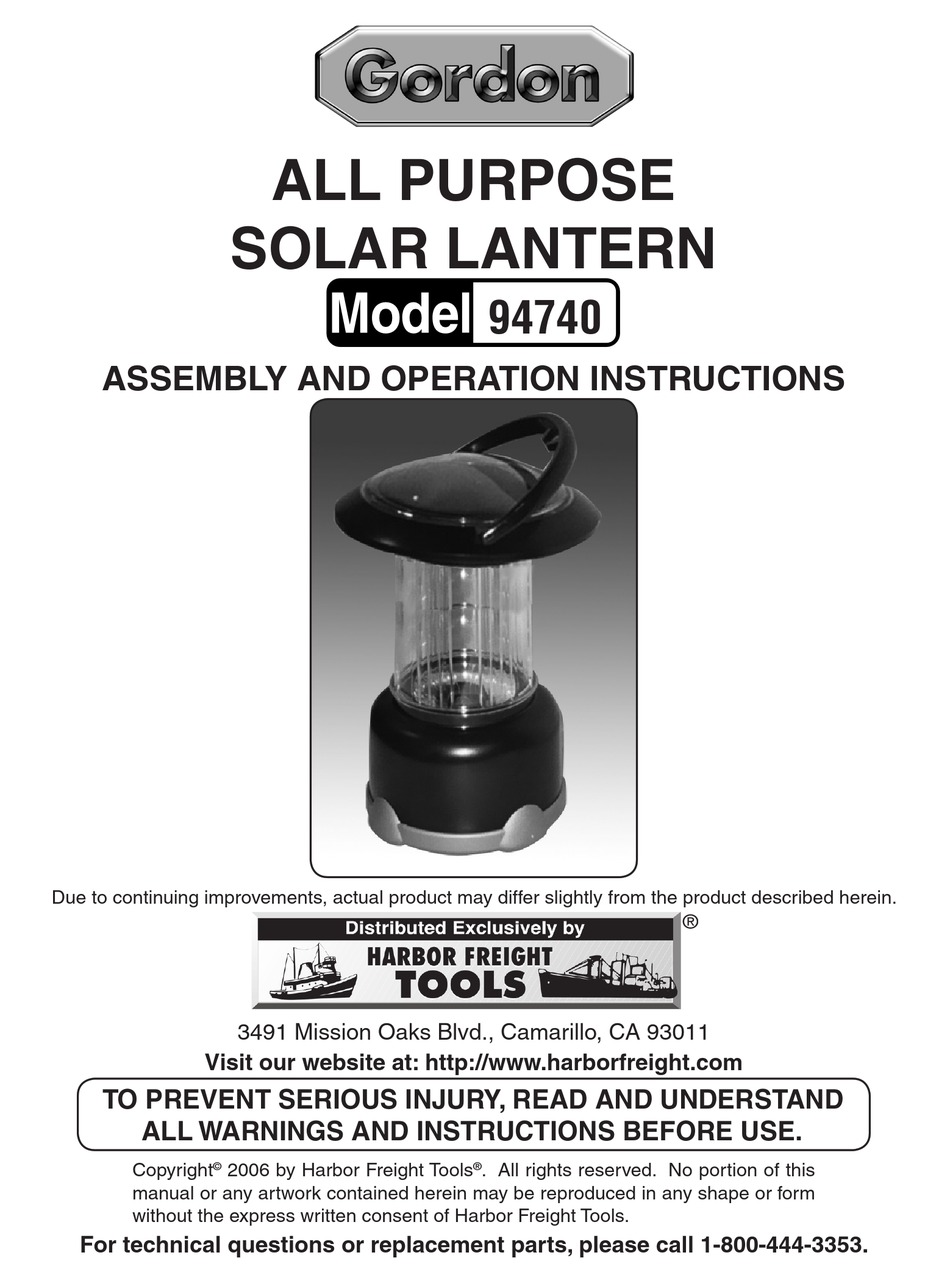 HARBOR FREIGHT TOOLS 94740 LANTERN ASSEMBLY AND OPERATION INSTRUCTIONS