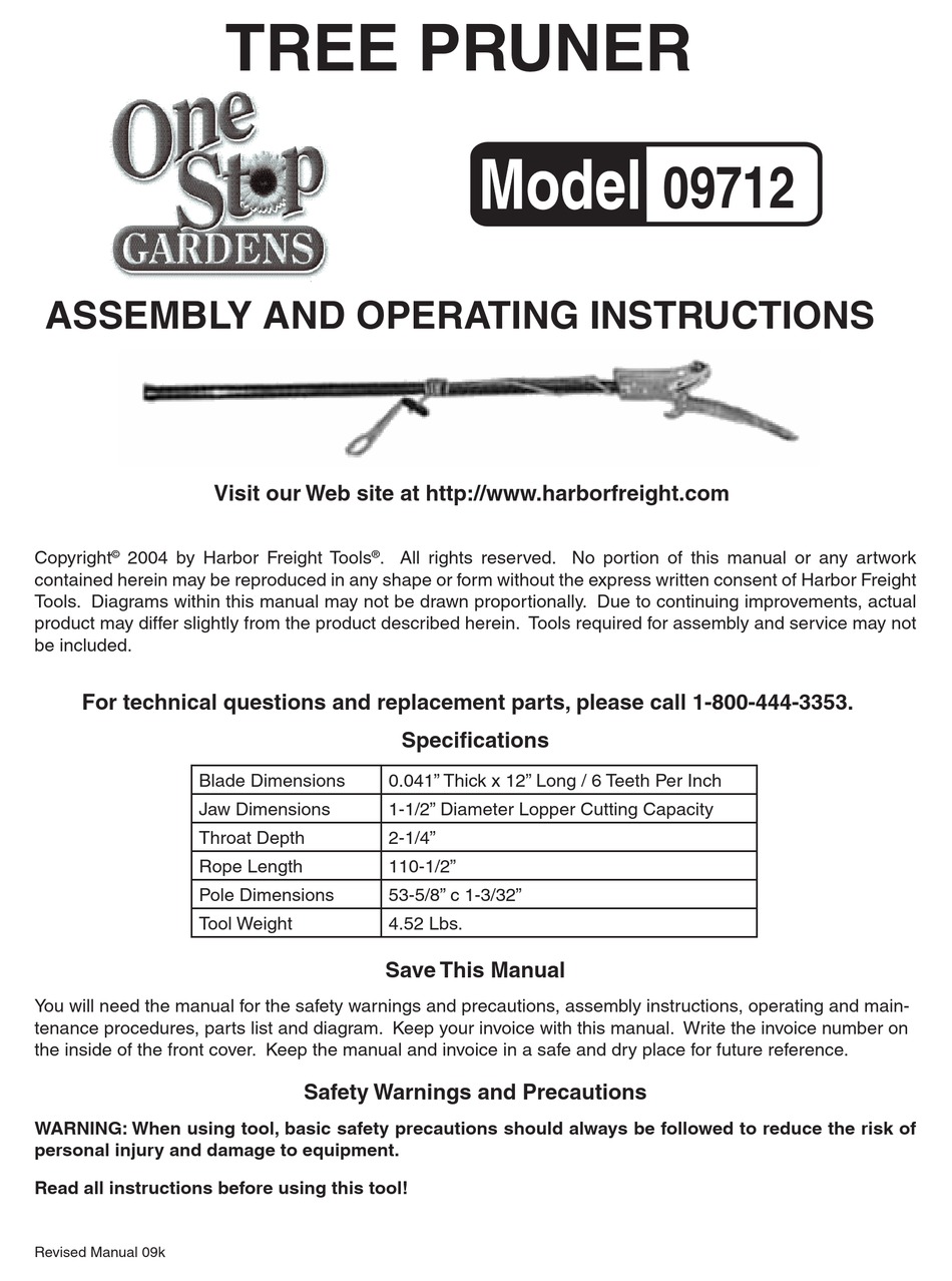 HARBOR FREIGHT TOOLS 9712 POLE SAW ASSEMBLY AND OPERATING INSTRUCTIONS