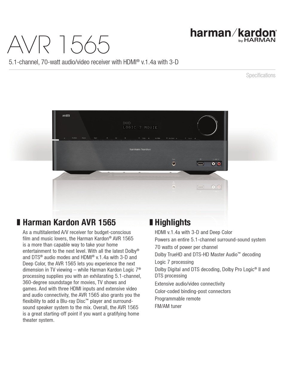 HARMAN KARDON AVR 1565 SPECIFICATIONS Pdf Download | ManualsLib