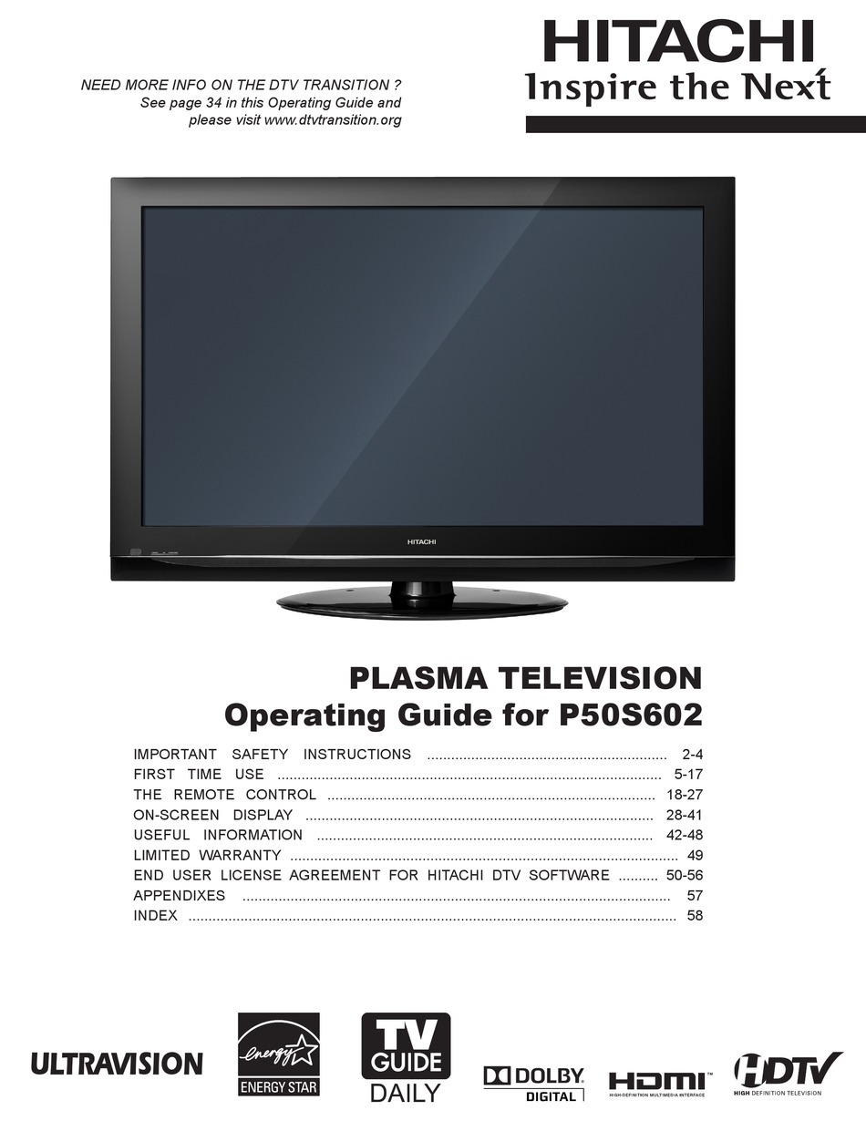 HITACHI PLASMA TELEVISION P50S602 OPERATING MANUAL Pdf Download