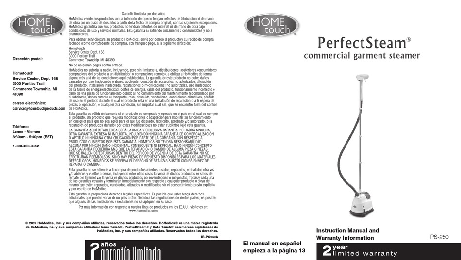 HOMEDICS PERFECTSTEAM PS250 INSTRUCTION MANUAL AND WARRANTY Pdf